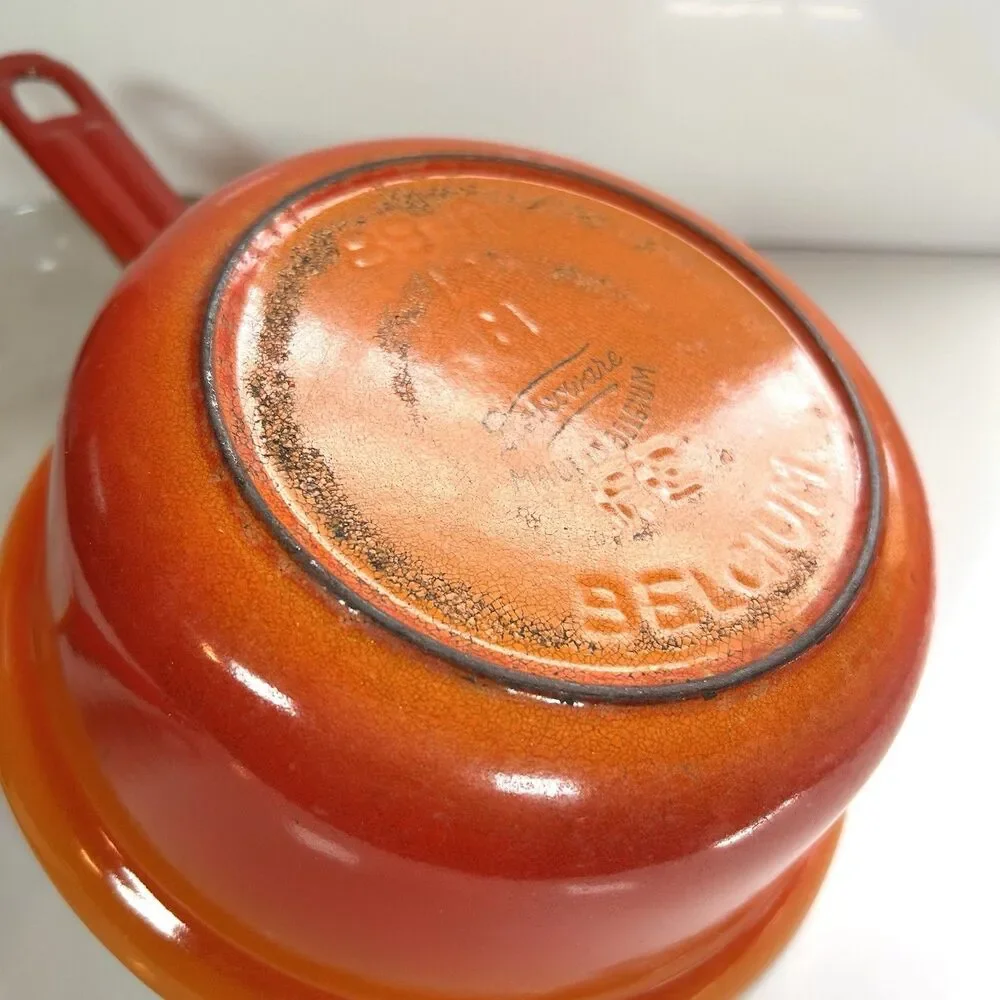 Vintage Descoware Enameled Cast Iron Flame-Orange Saucepan And Skillet-Lid Combo